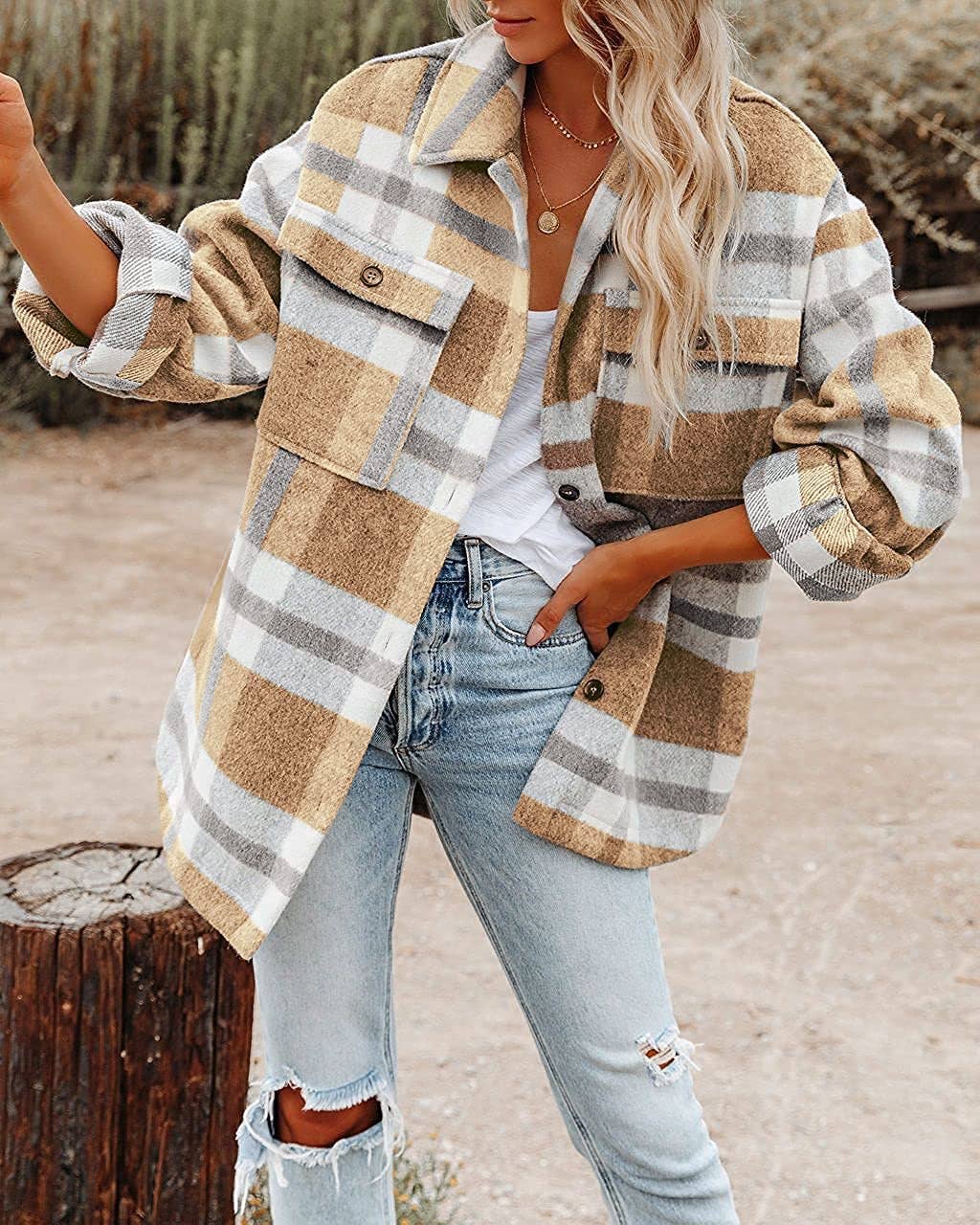 Women's Plaid Button Down Flannel Shirt Jacket – Cozy & Stylish: Light gray / 100%Polyester / S