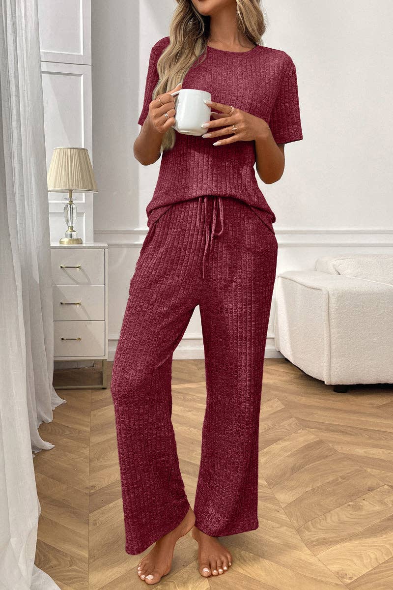 Short Sleeve Ribbed Knit Lounge Set with Drawstring Pants: Burgundy / S