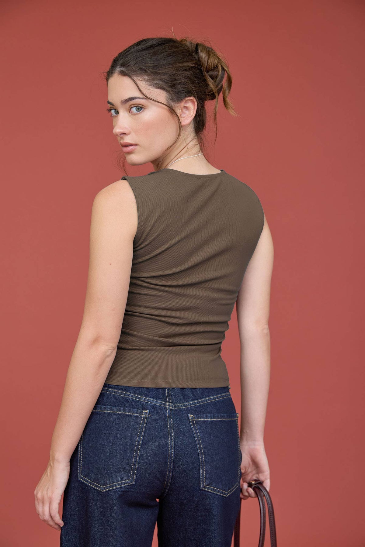 SQUARE NECK SLEEVELESS RUCHED DETAIL TOP : DUSTY BLUE