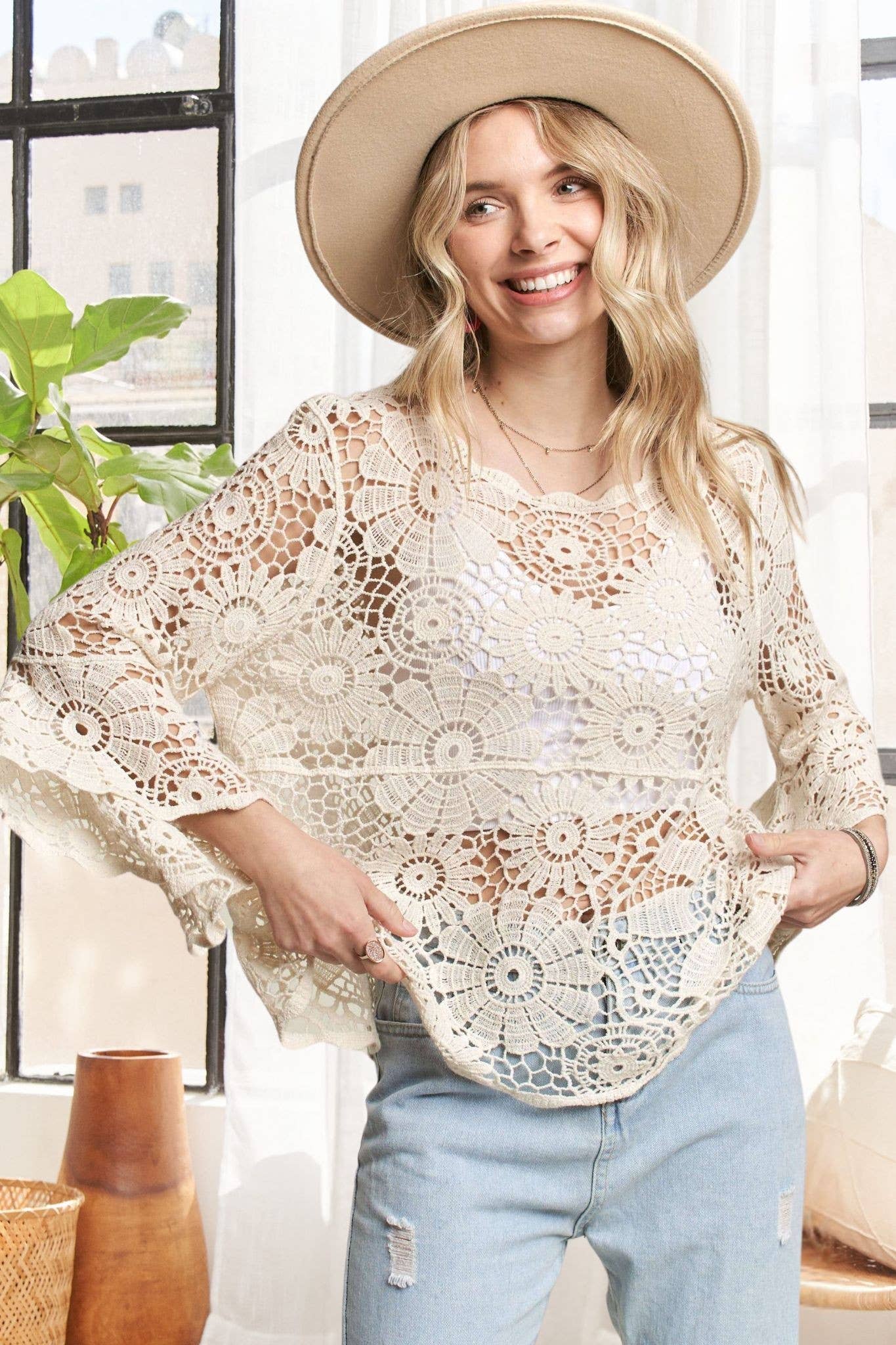 BELL SLEEVE CROCHET TOP- LET3556: BEIGE