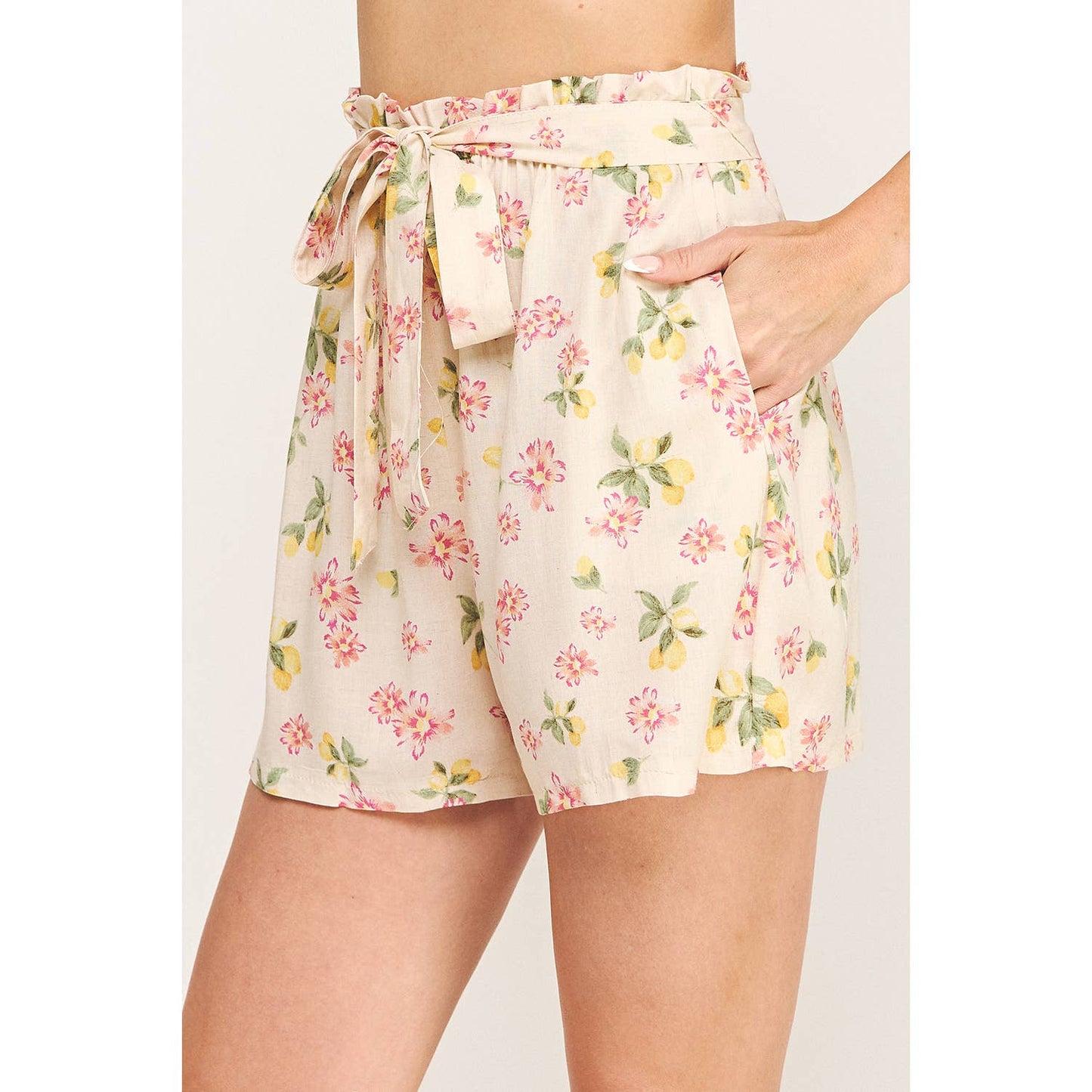 BLOOMING PINK PAPERBAG FLORAL SHORTS: CRPKY / M