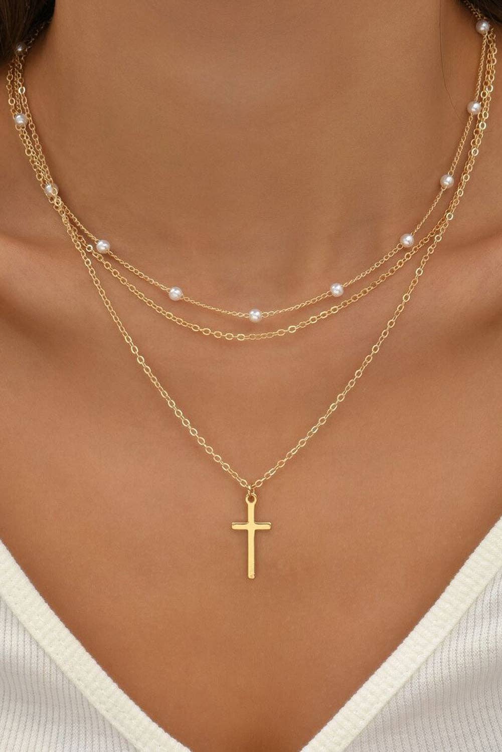 Gold Plated Cross Pendant Pearl Decor Triple Layer Chain Necklace: Gold / 100%Alloy / ONE SIZE