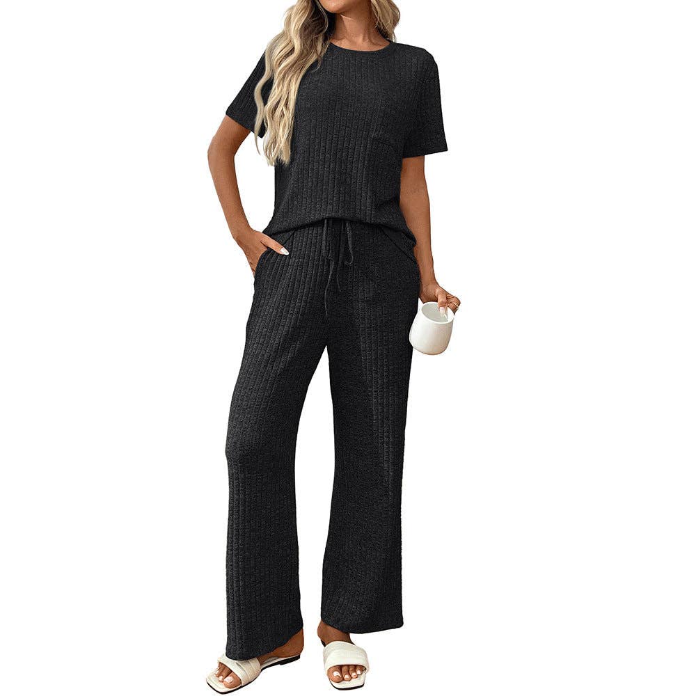 Short Sleeve Ribbed Knit Lounge Set with Drawstring Pants: Burgundy / S