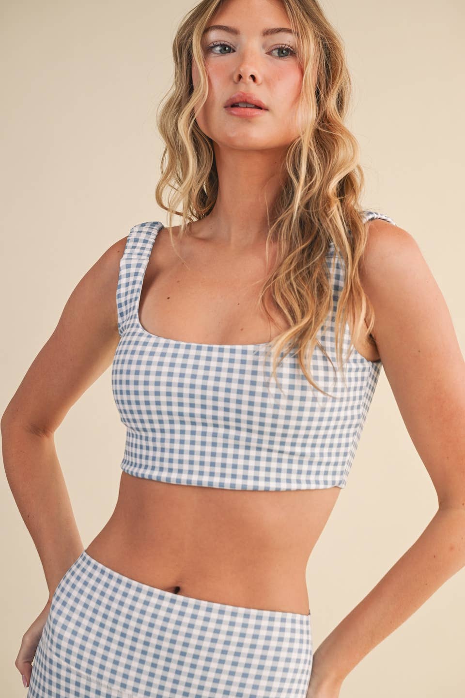 Gingham Print Ruched Bra Top: Pink Gingham / S