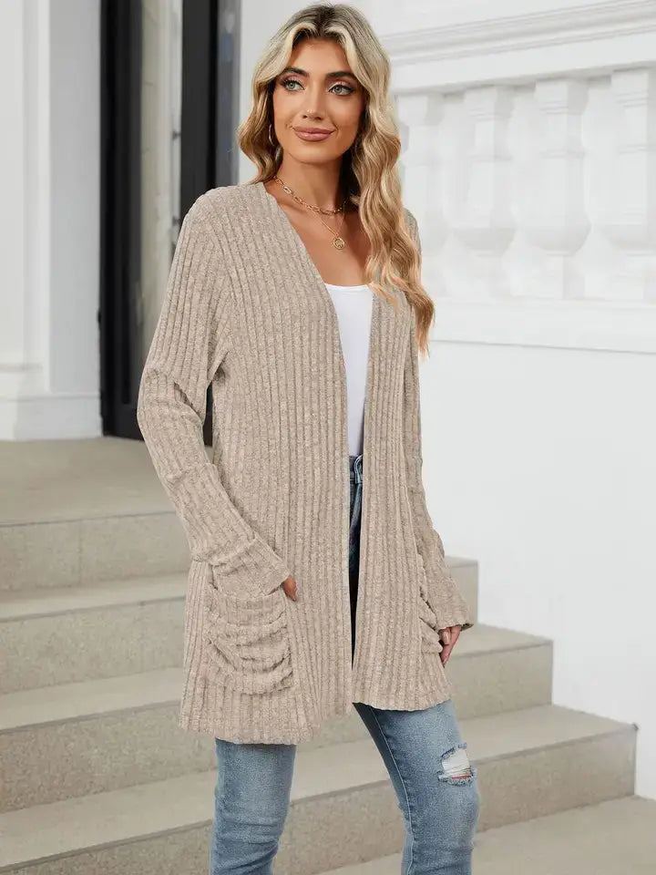 Solid Knit Long Sleeve Pocket Open Front Cardigan: Khaki / 65%Rayon +30%Polyester+ 5%Spandex / XL