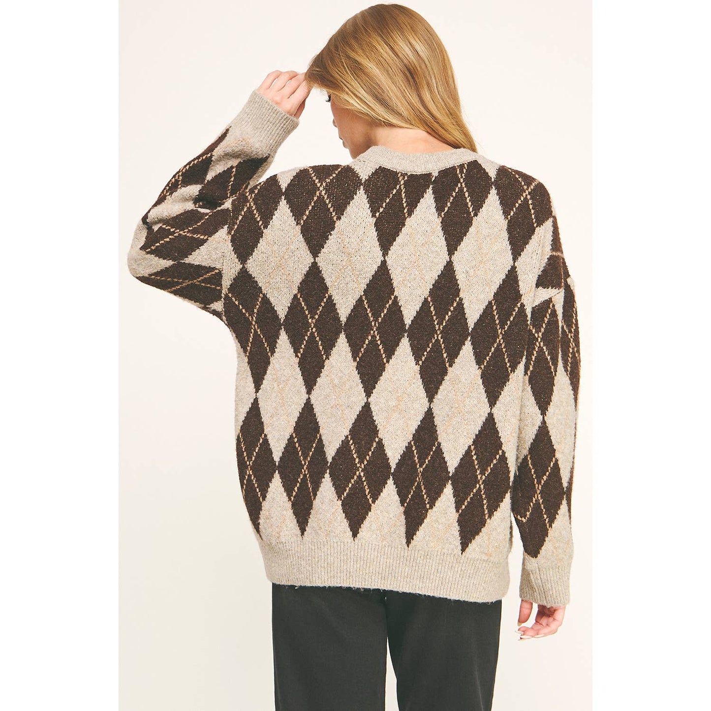 CHECKERED CREW NECK LONG SLEEVE PULLOVER SWEATER (Copy): TONAL GREY / L