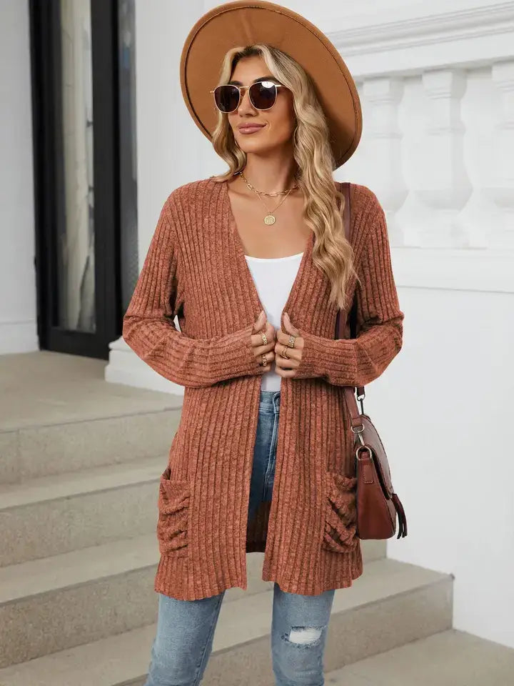 Solid Knit Long Sleeve Pocket Open Front Cardigan: Khaki / 65%Rayon +30%Polyester+ 5%Spandex / S