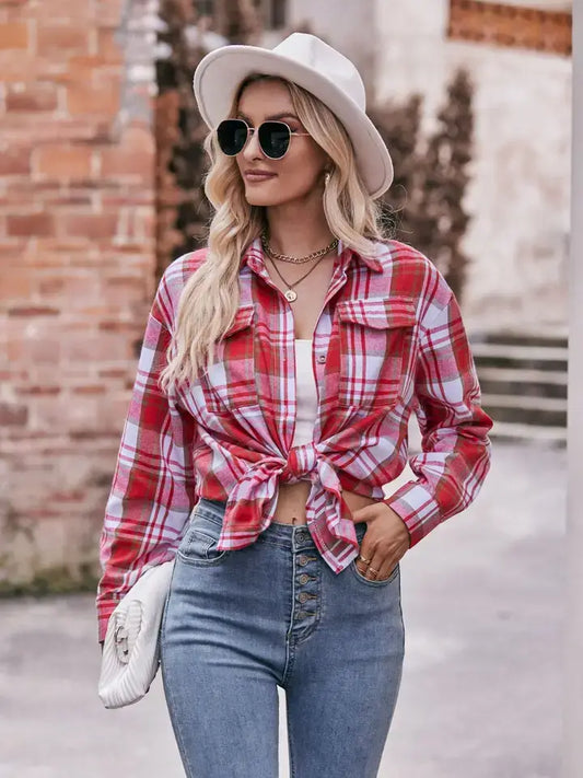 Plaid Oversized Button-Down Shirt – Casual Loose Fit: Red / 100%Polyester / L