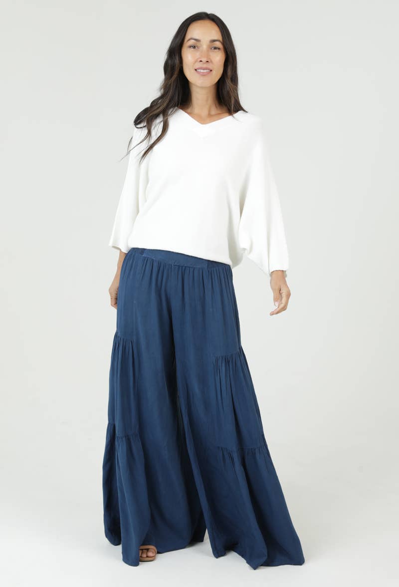 L ACID WASH TIERED WIDE LEG PANTS: CHOCOLATE / L