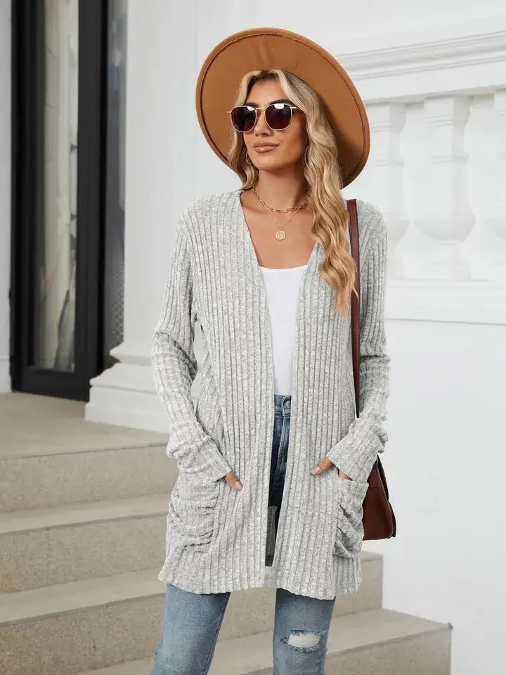 Solid Knit Long Sleeve Pocket Open Front Cardigan: Khaki / 65%Rayon +30%Polyester+ 5%Spandex / XL