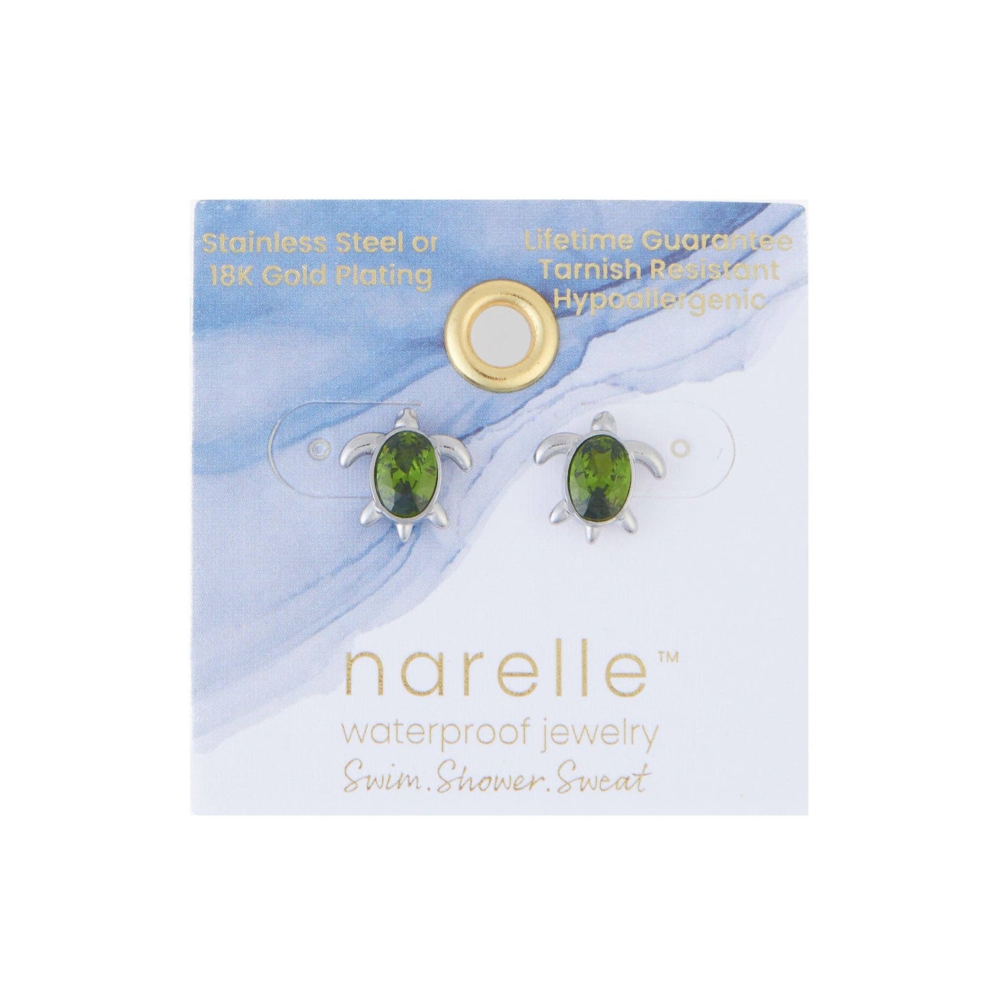 Waterproof Earring Narelle Turtle Studs Green Cubic Zirconia: Gold