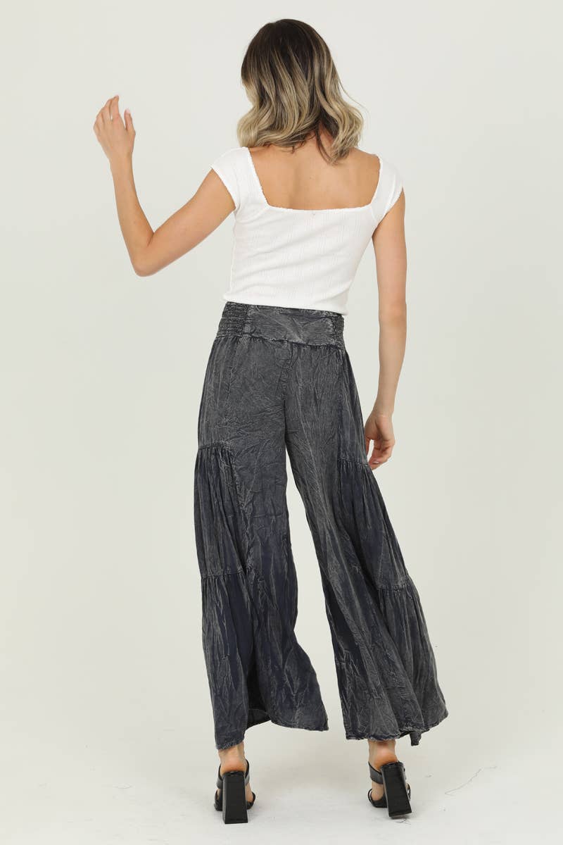 L ACID WASH TIERED WIDE LEG PANTS: CHOCOLATE / L