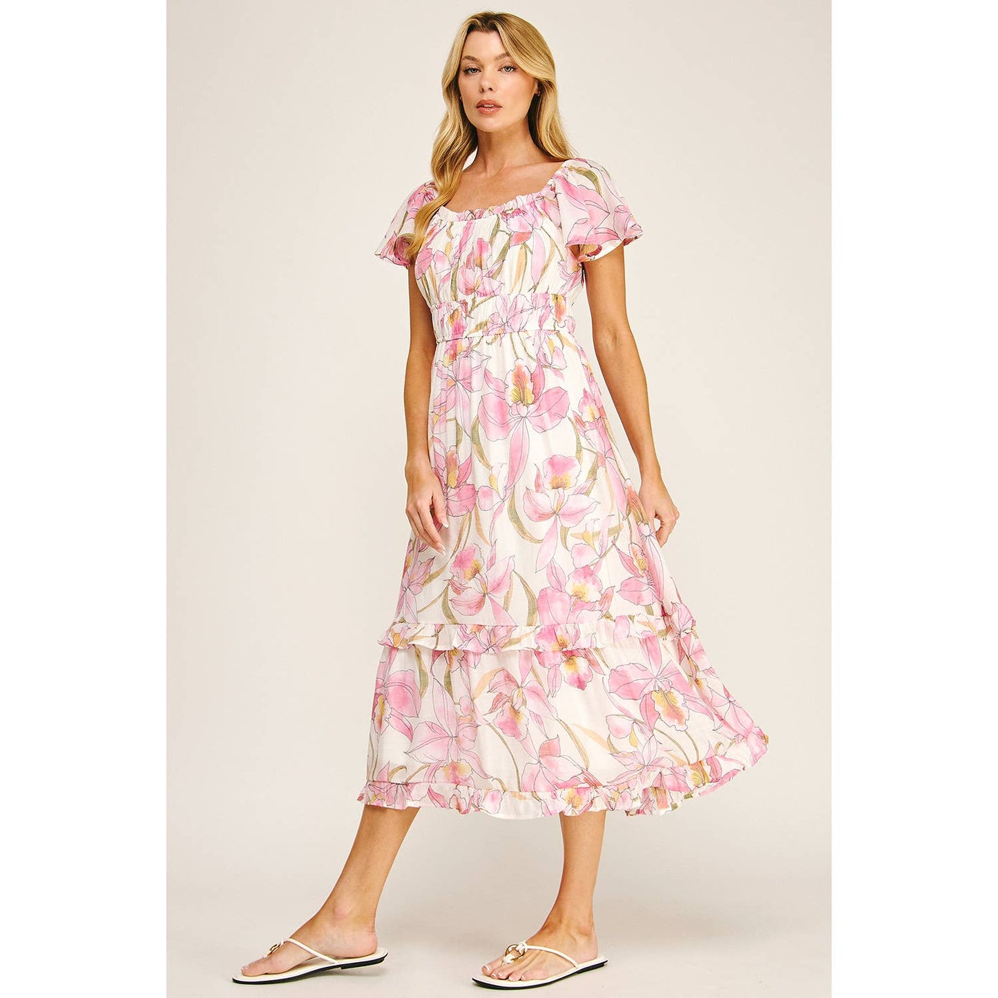 FLUTTER SLEEVE FLORAL TIERED MIDI DRESS: I/P/O / L