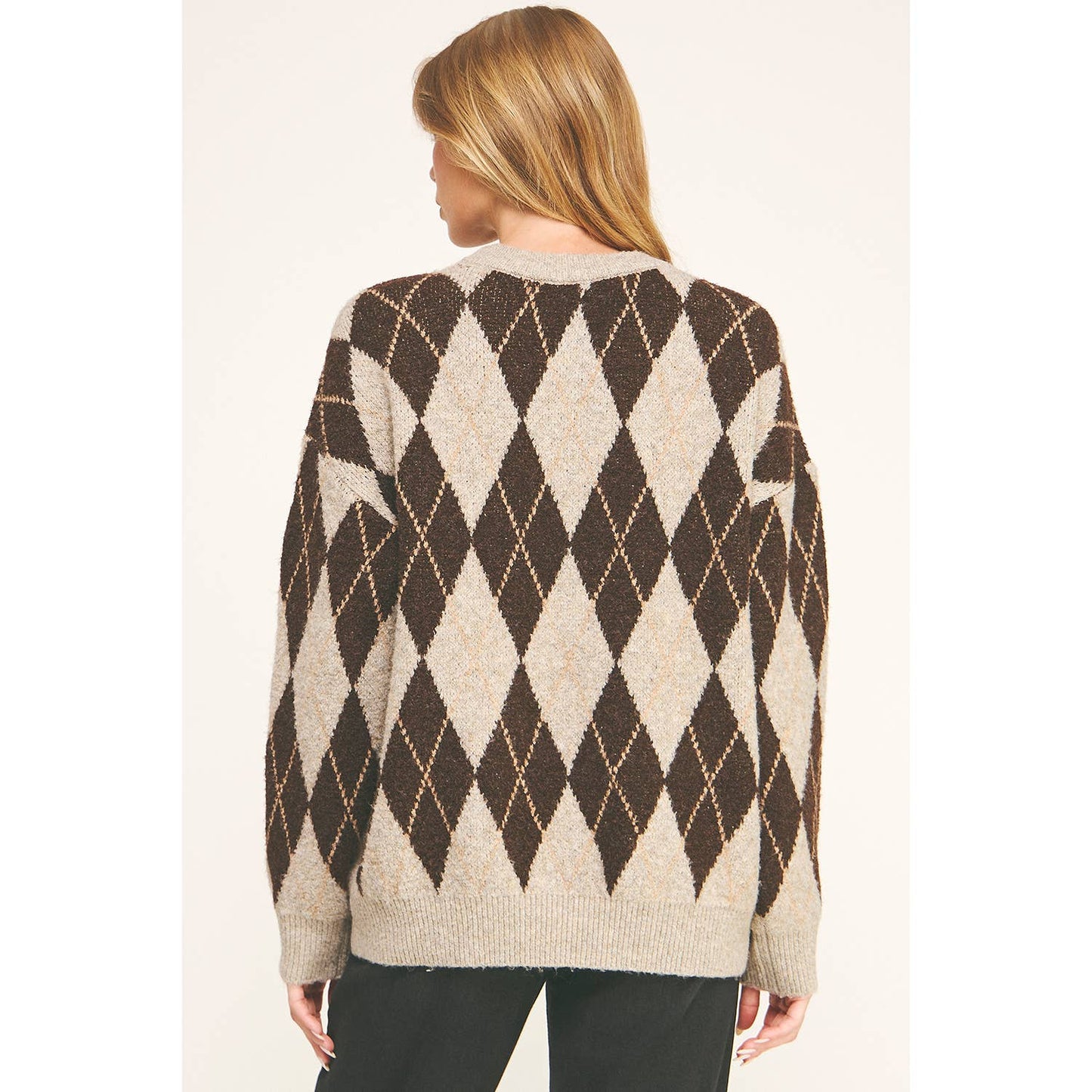 CHECKERED CREW NECK LONG SLEEVE PULLOVER SWEATER (Copy): TONAL GREY / M
