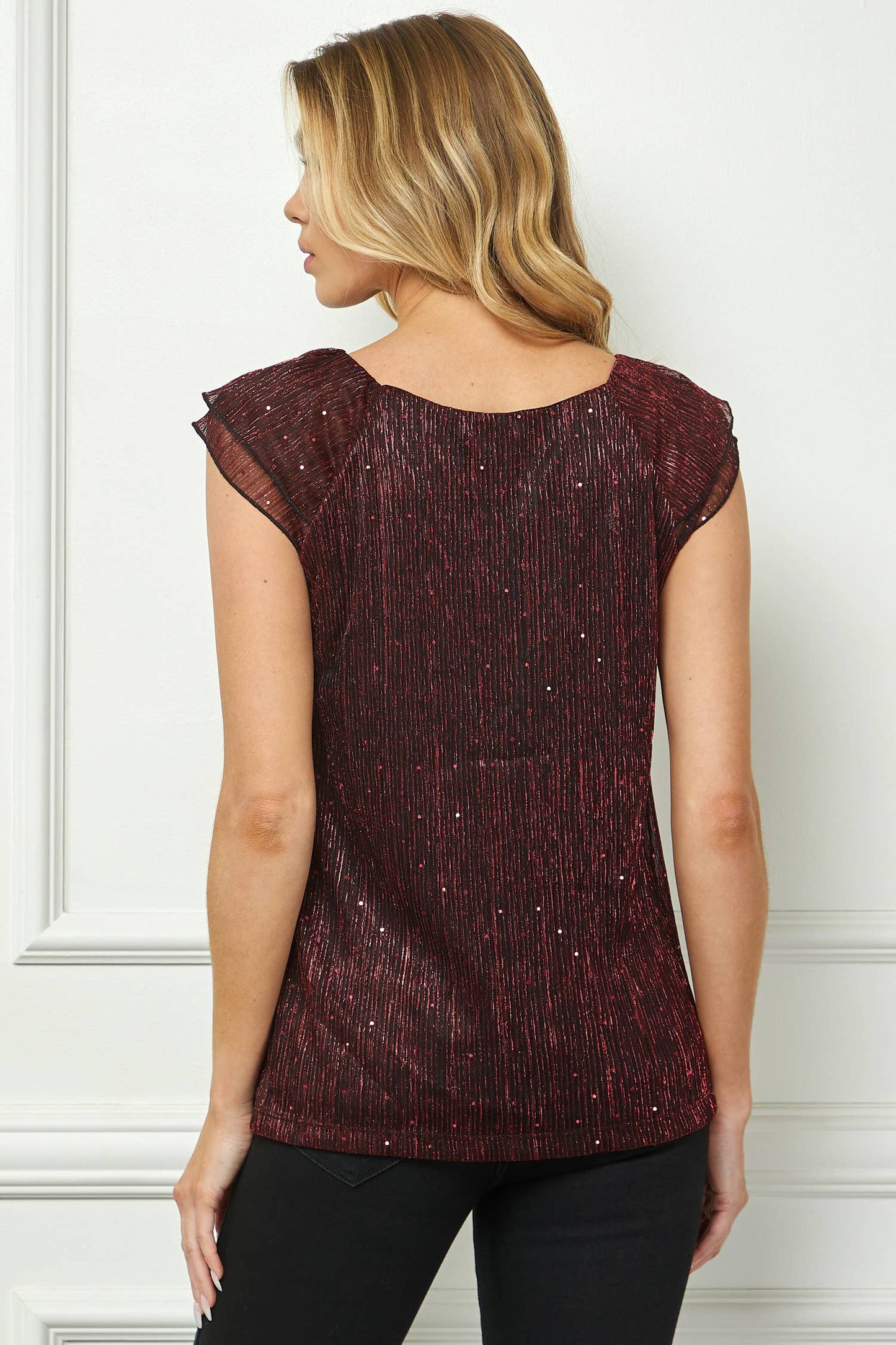 MOONLIGHT GLEAM PLEATED FLUTTER BLOUSE  : Red/Black/Red / L