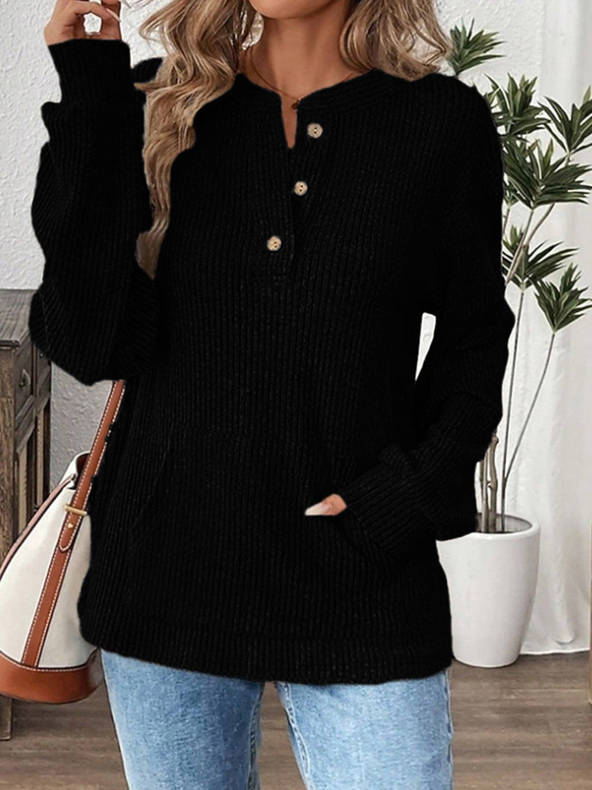 S Women's Oversized Ribbed Henley Long Sleeve Top: Gray / S