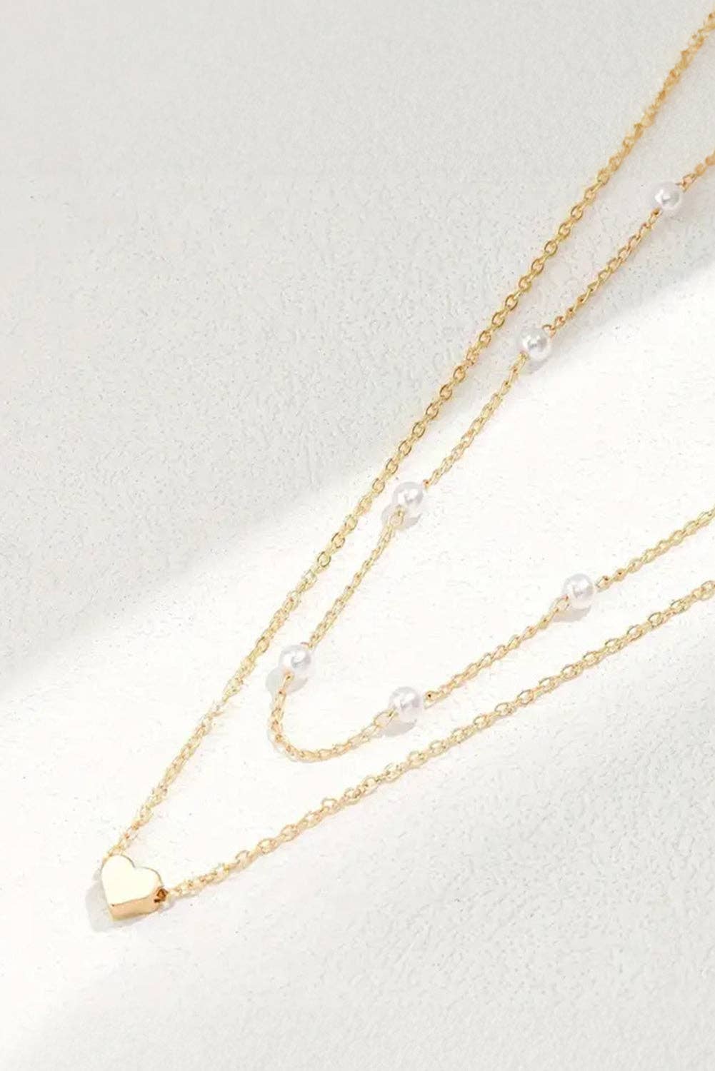 Gold Plated Heart and Pearl Detail 2pcs Layered Necklace: Gold / 100%Alloy / ONE SIZE