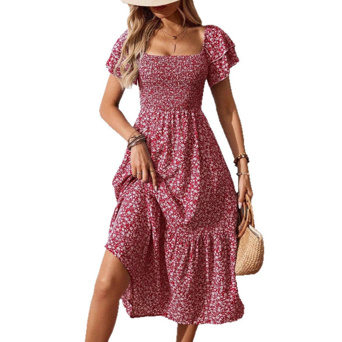 Floral Square Neck Smocked Short Sleeve Maxi Summer Dress: Purple / 100%Polyester / L