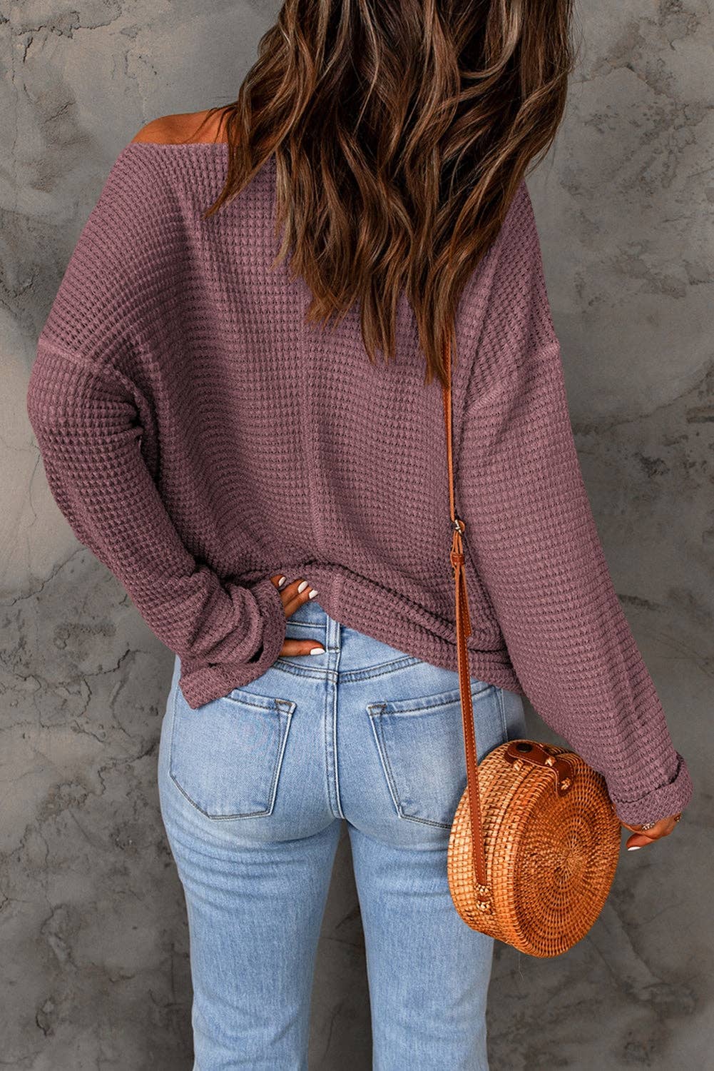 Purple Waffle Knit Loose Long Sleeve Top: Purple / 95%Polyester+5%Elastane / 2XL