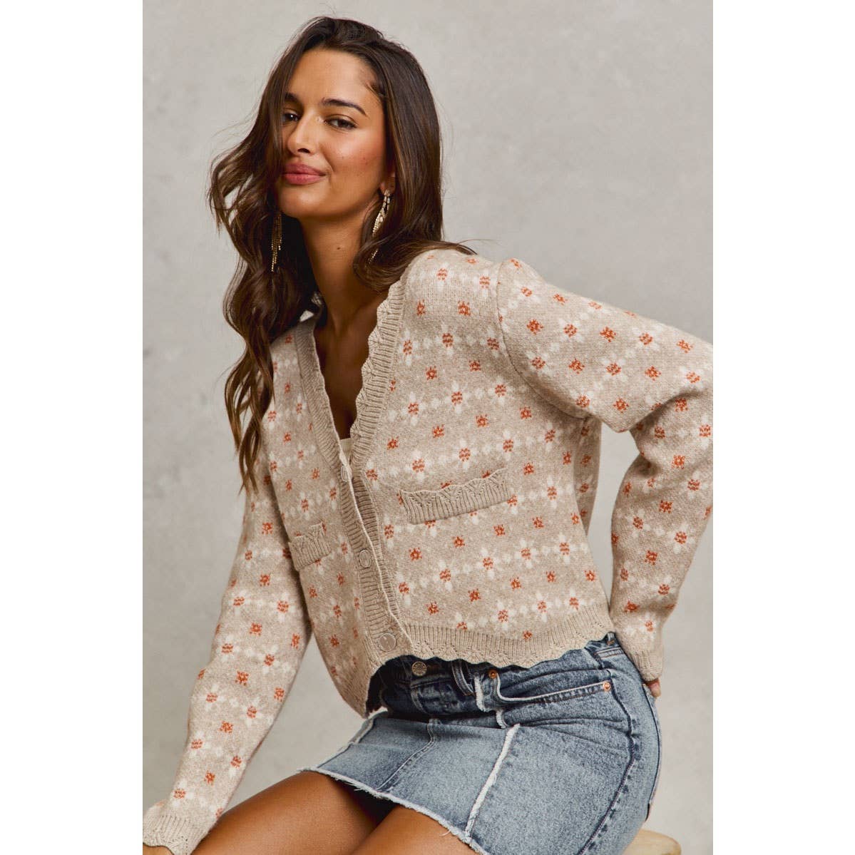 XL FLORAL PATTERNED BUTTON DOWN SWEATER CARDIGAN: GREY OATMEAL / XL