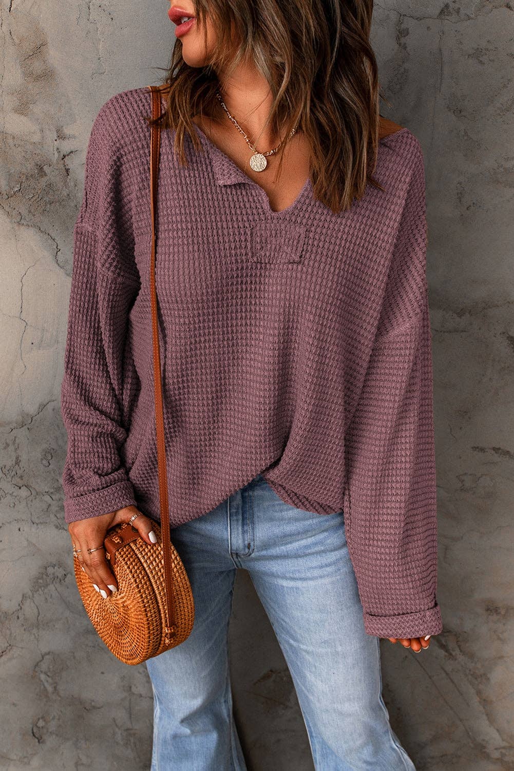 Purple Waffle Knit Loose Long Sleeve Top: Purple / 95%Polyester+5%Elastane / S