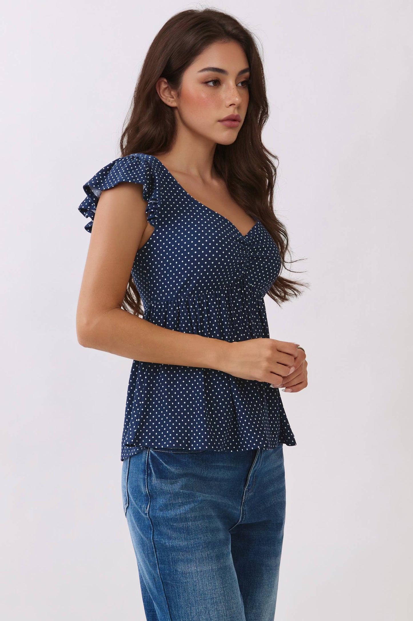 RT57069BP - PRINTED PEPLUM TOP WITH TIE BACK DETAIL: NAVAL ACADEMY/WHT POLKA DOT / S-M-L/2-2-2