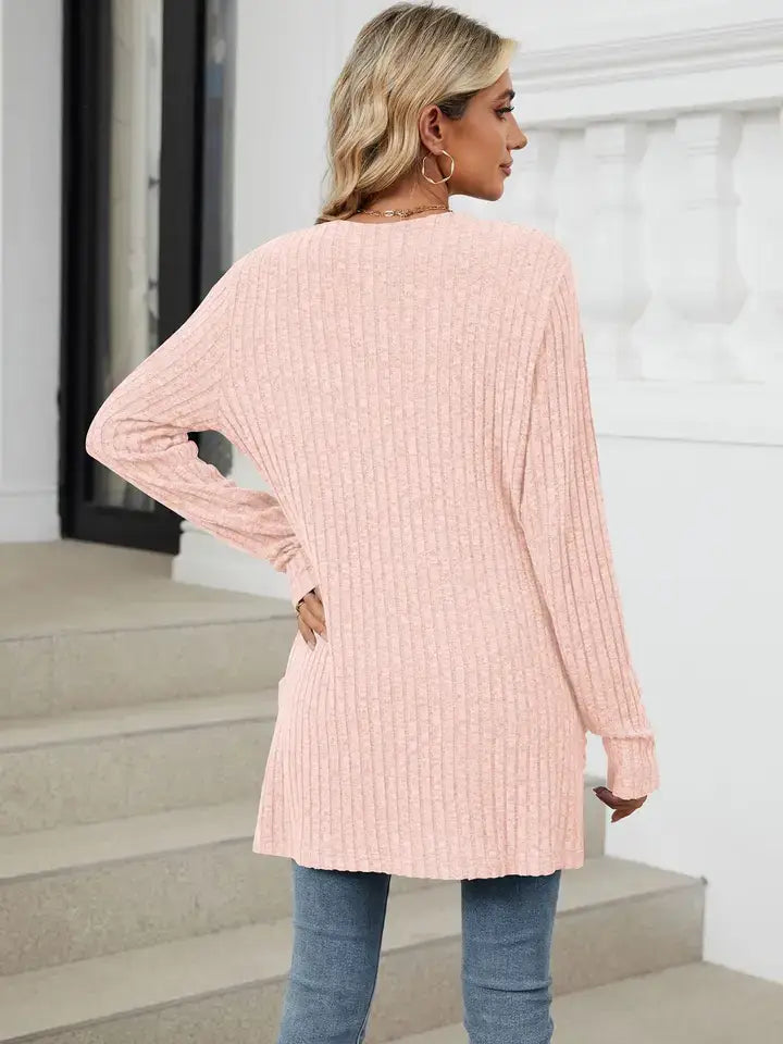 Solid Knit Long Sleeve Pocket Open Front Cardigan: Khaki / 65%Rayon +30%Polyester+ 5%Spandex / XL