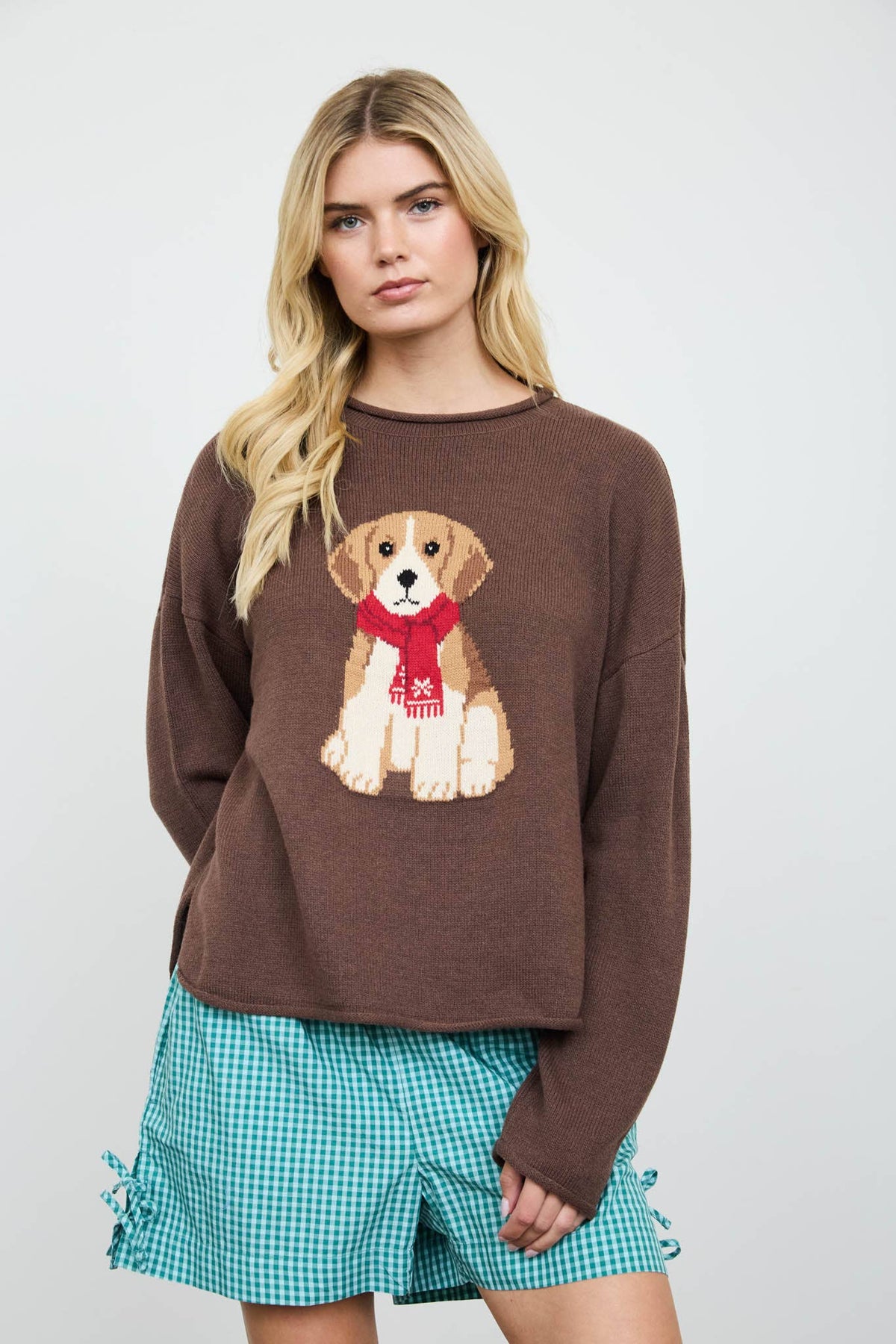 PUPPY MOTIF CREW NECK KNIT PULLOVER: CHOCOLATE BROWN