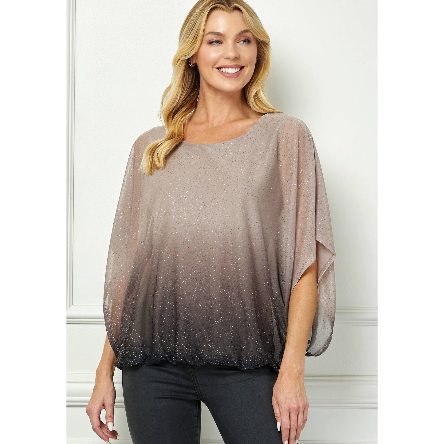 LUMINOUS GRACE DOLMAN BUBBLE BLOUSE: Stone/Black/Rose / S