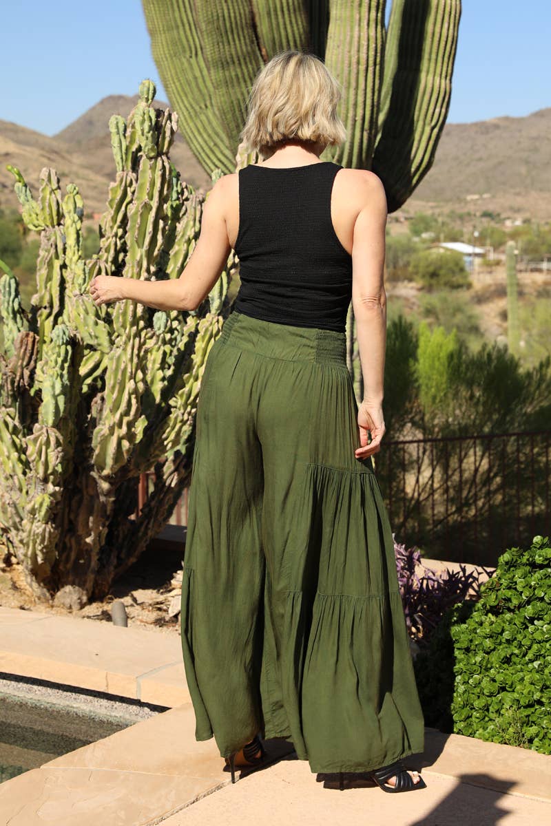 L ACID WASH TIERED WIDE LEG PANTS: CHOCOLATE / L