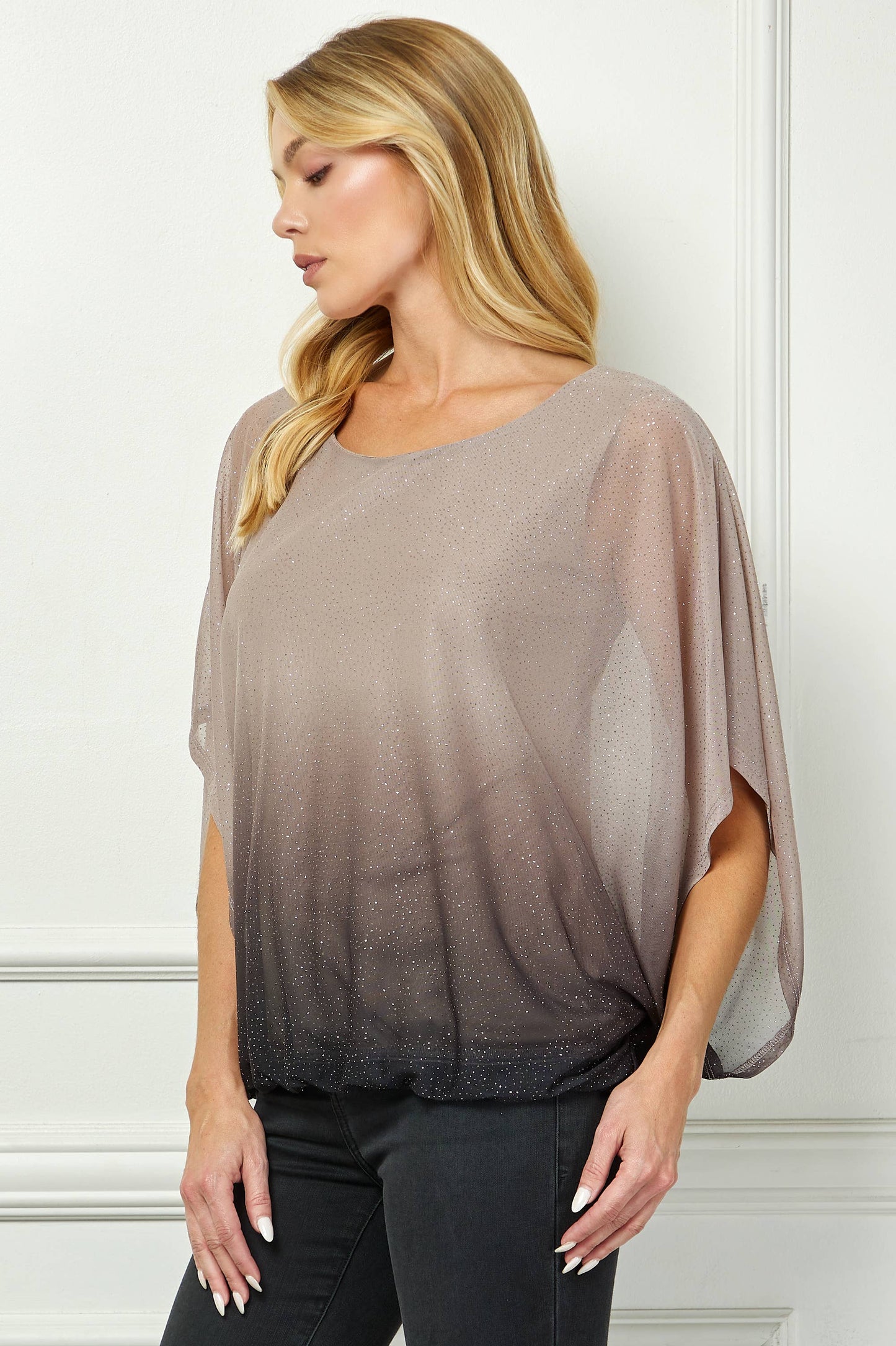 LUMINOUS GRACE DOLMAN BUBBLE BLOUSE: Stone/Black/Rose /S