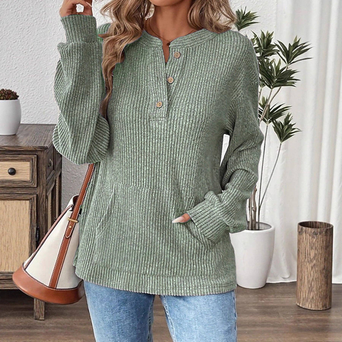 S Women's Oversized Ribbed Henley Long Sleeve Top: Gray / S