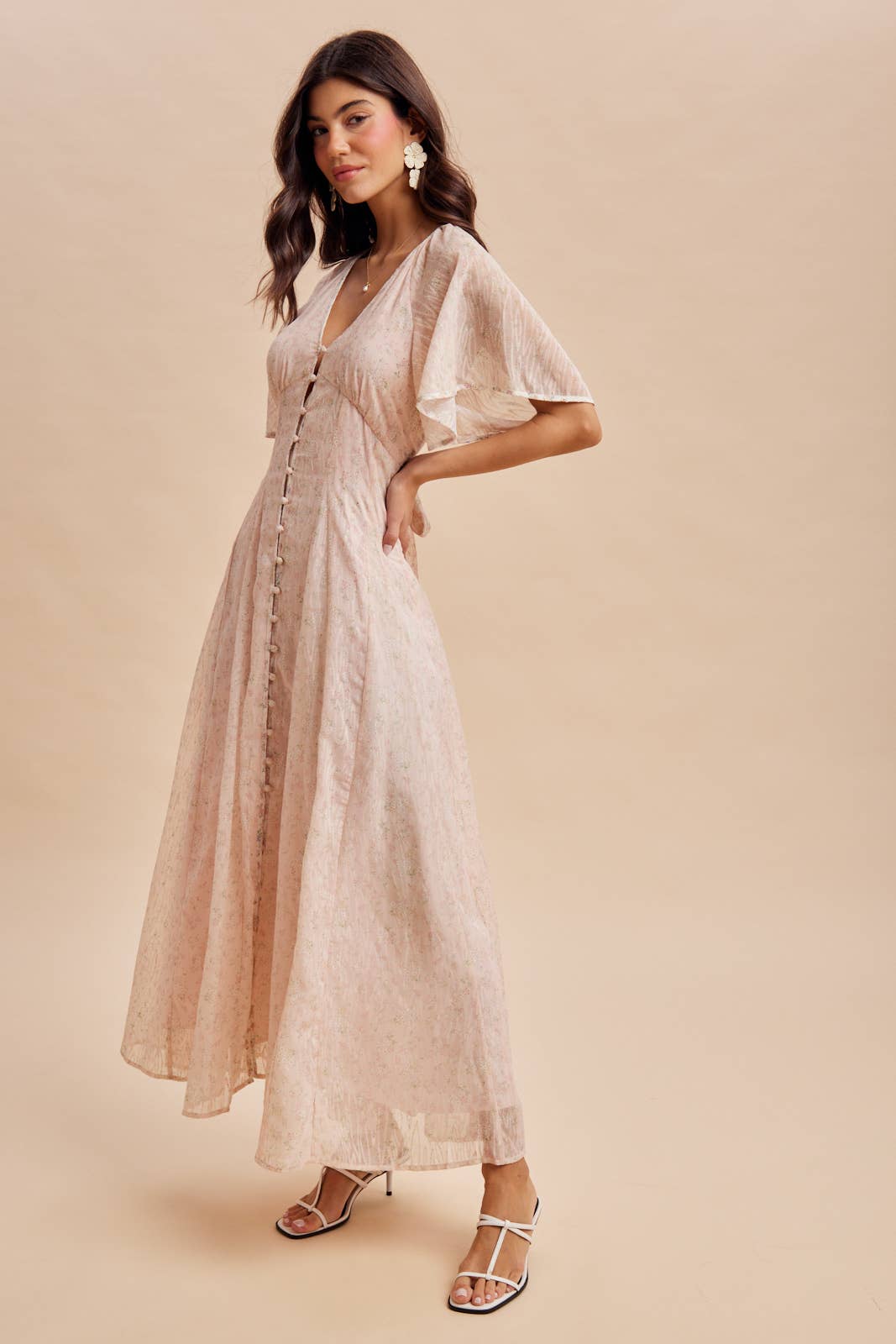 FLOWY FLUTTER SLEEVE BUTTON DOWN MAXI DRESS: DUSTY PINK / L
