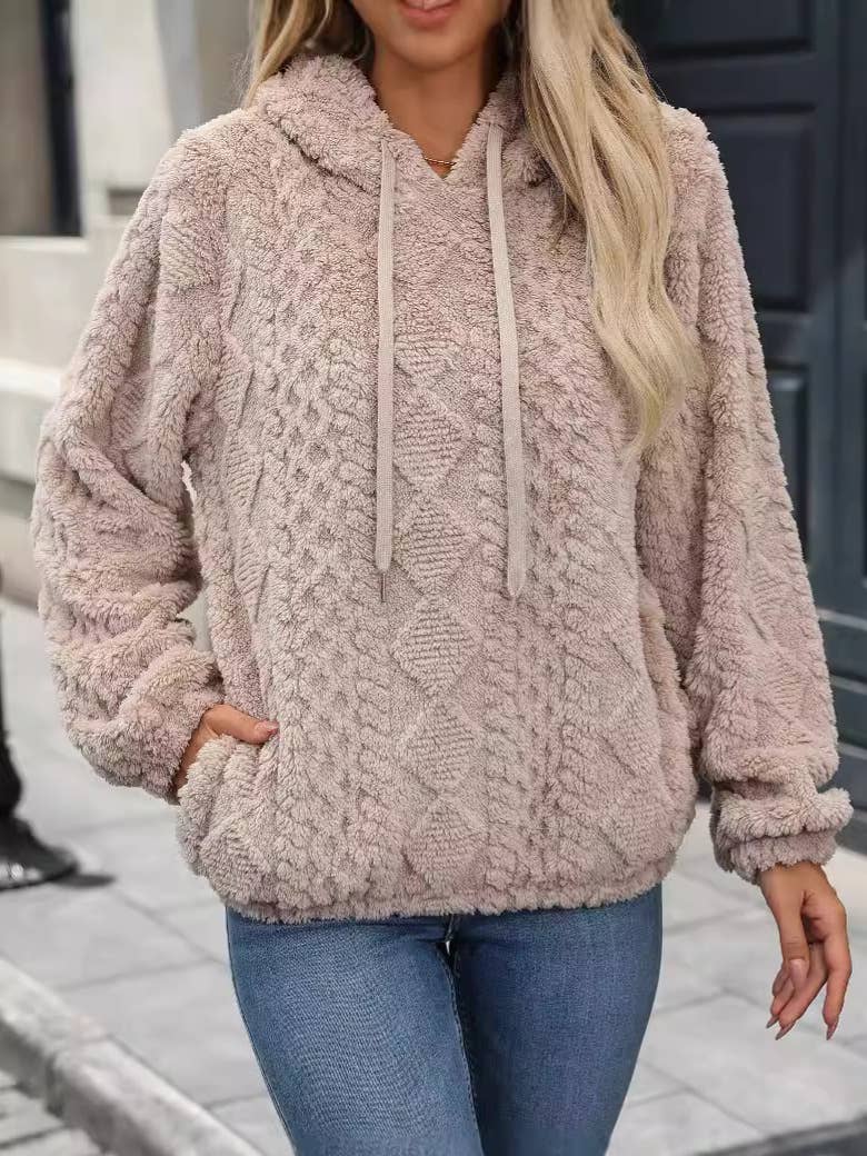 FLEECE JACQUARD FABRIC LONG-SLEEVED HOODED JUMPER: KHAKI / (L) 1