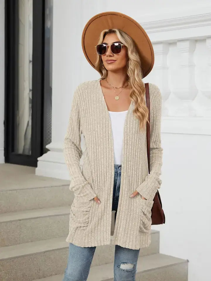Solid Knit Long Sleeve Pocket Open Front Cardigan: Khaki / 65%Rayon +30%Polyester+ 5%Spandex / M