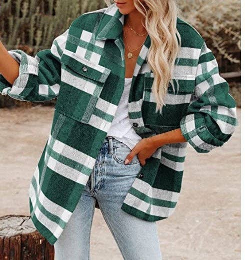 Women's Plaid Button Down Flannel Shirt Jacket – Cozy & Stylish: Light gray / 100%Polyester / L