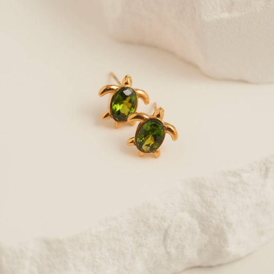 Waterproof Earring Narelle Turtle Studs Green Cubic Zirconia: Gold