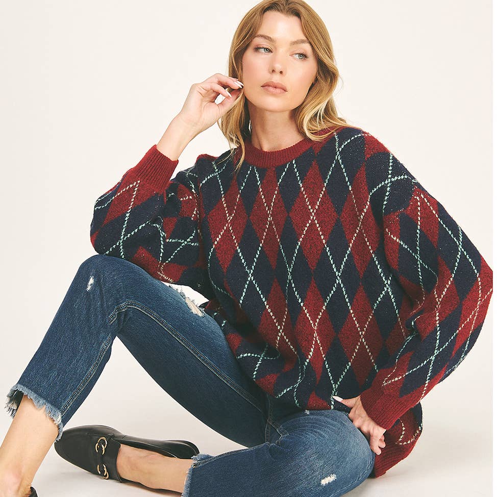 CHECKERED CREW NECK LONG SLEEVE PULLOVER SWEATER (Copy): TONAL GREY / S