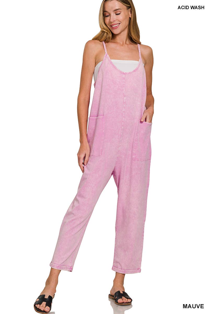Washed Spaghetti Straps Overalls With Pockets: B LAVENDER