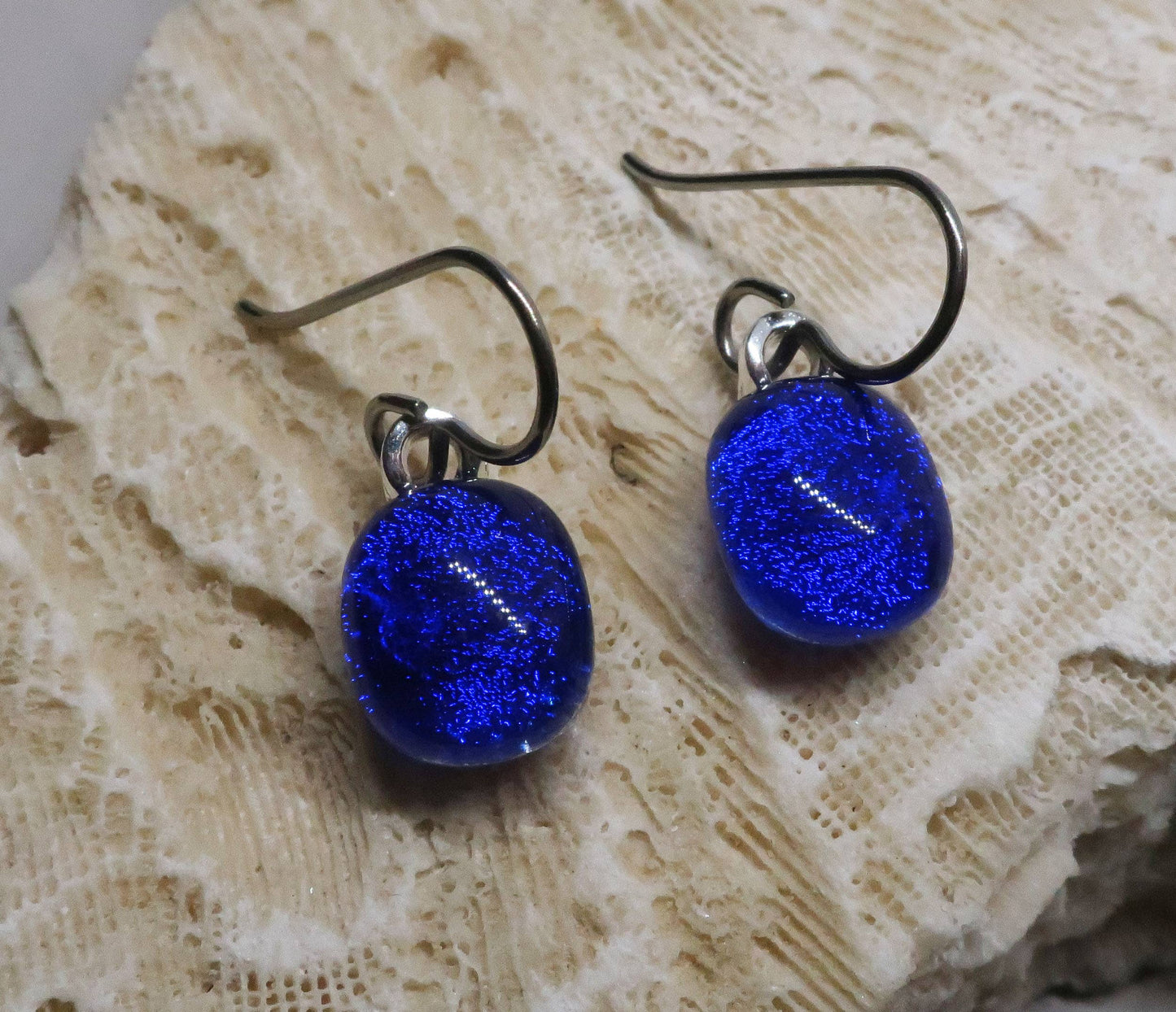 Blue Dichroic Glass Titanium Hypoallergenic Dangle earrings