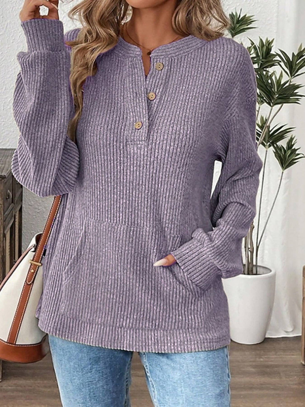 S Women's Oversized Ribbed Henley Long Sleeve Top: Gray / S