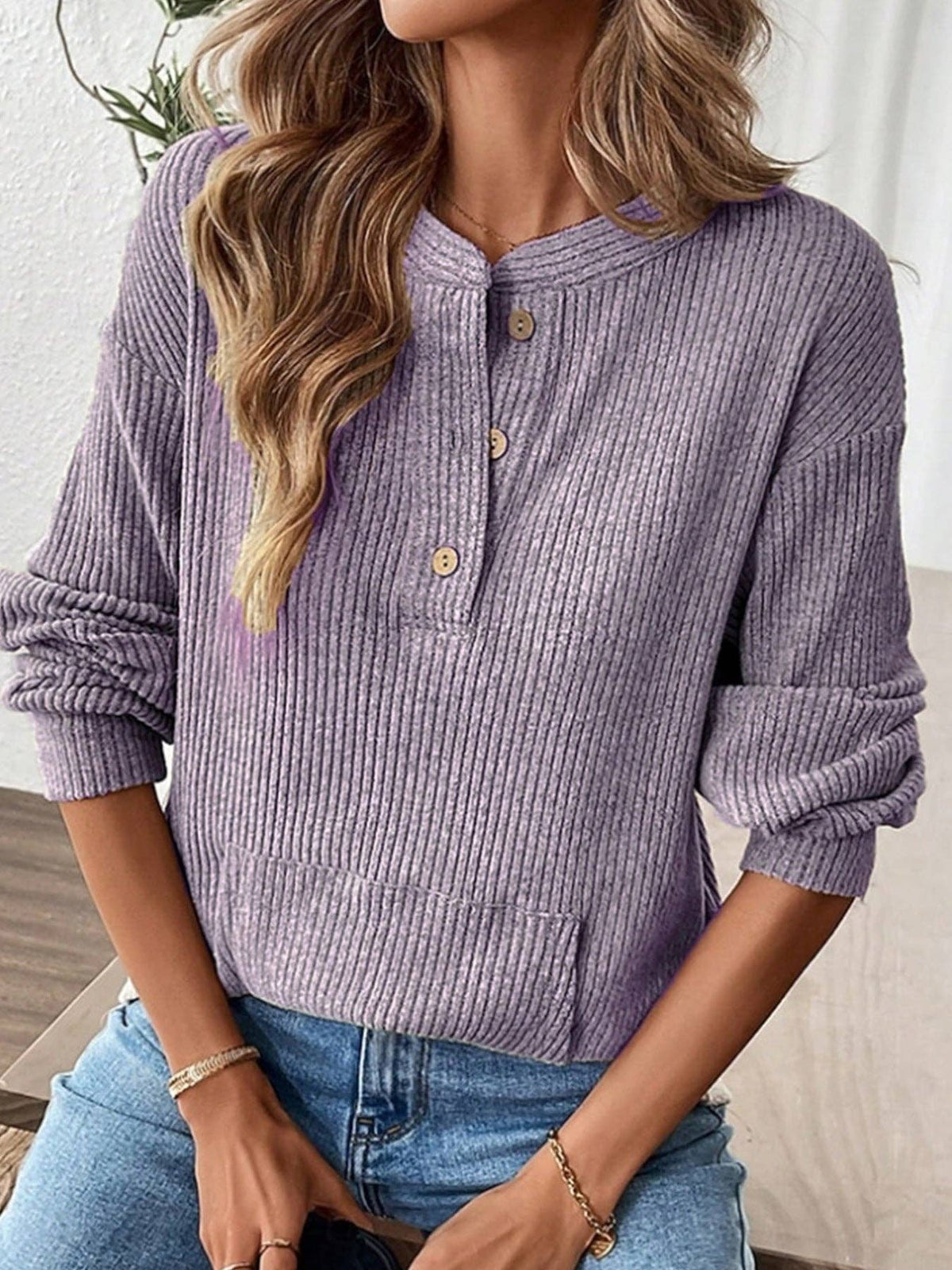 S Women's Oversized Ribbed Henley Long Sleeve Top: Gray / S