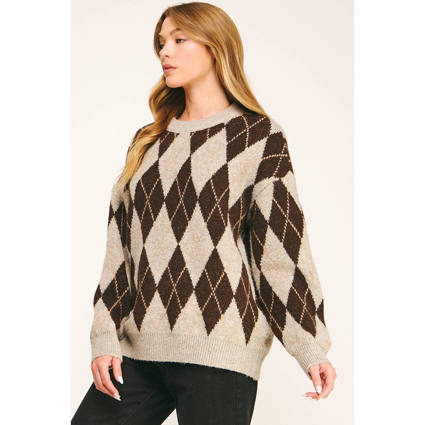 CHECKERED CREW NECK LONG SLEEVE PULLOVER SWEATER (Copy): TONAL GREY / L