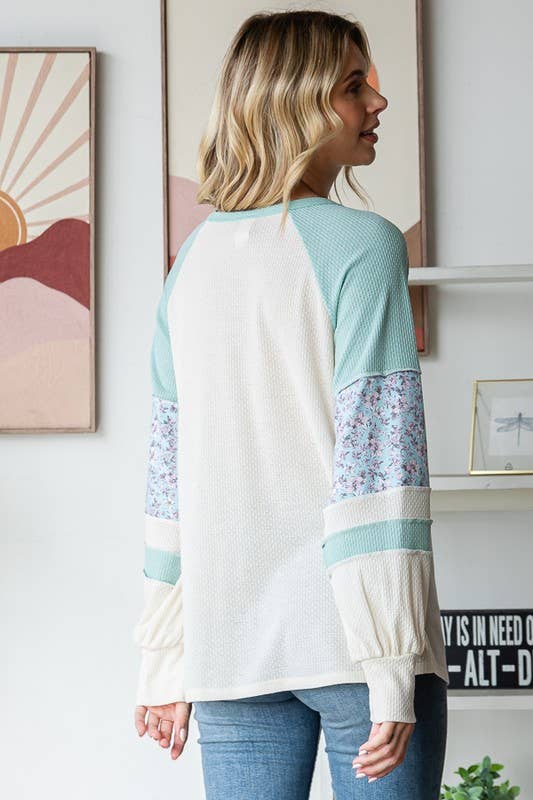 Floral Contrast Raglan Sleeve Pullover Top: MINT / 2-2-2-2 (S-M-L-XL)
