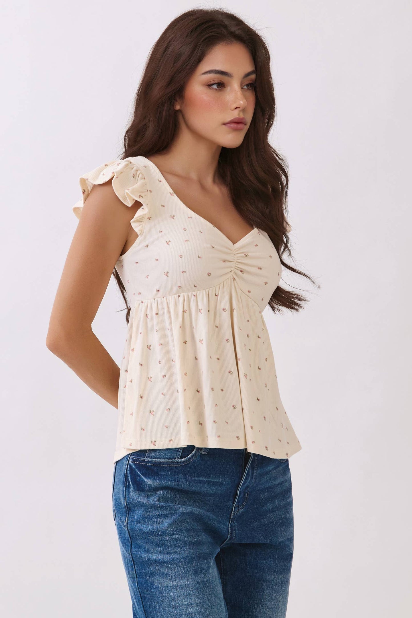 RT57069BP - PRINTED PEPLUM TOP WITH TIE BACK DETAIL: NAVAL ACADEMY/WHT POLKA DOT / S-M-L/2-2-2