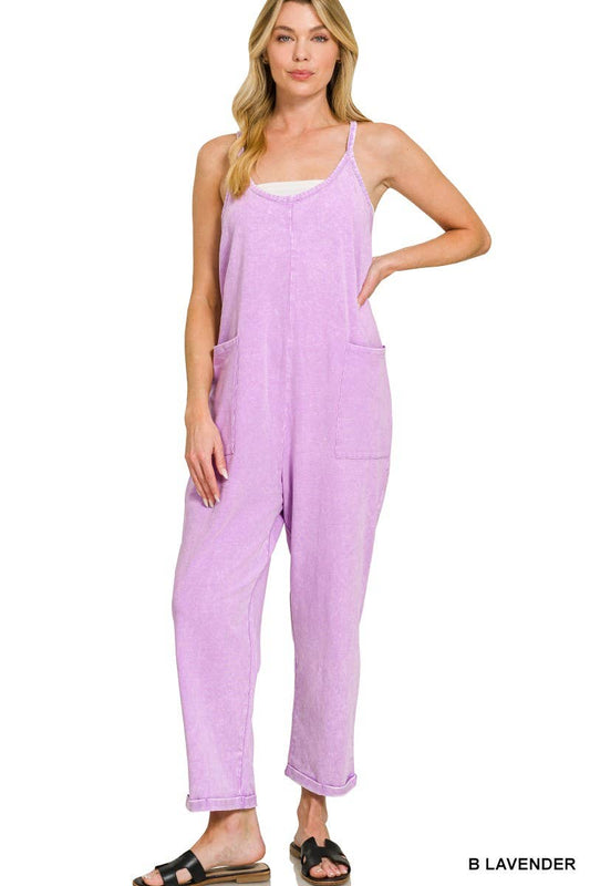 Washed Spaghetti Straps Overalls With Pockets: B LAVENDER