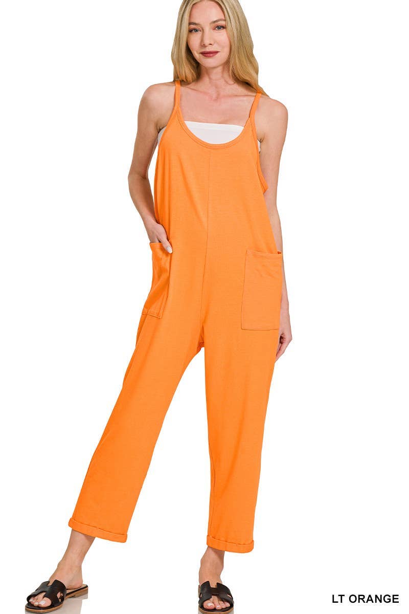 Spaghetti Strap Pocketed Jumpsuit: H LT TEAL]