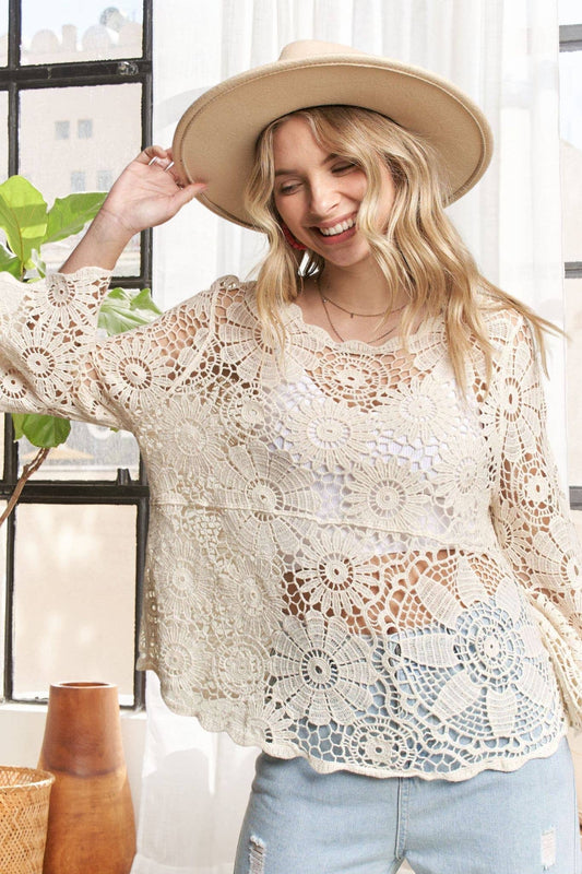 BELL SLEEVE CROCHET TOP- LET3556: BEIGE / S/M-M/L(3-3)