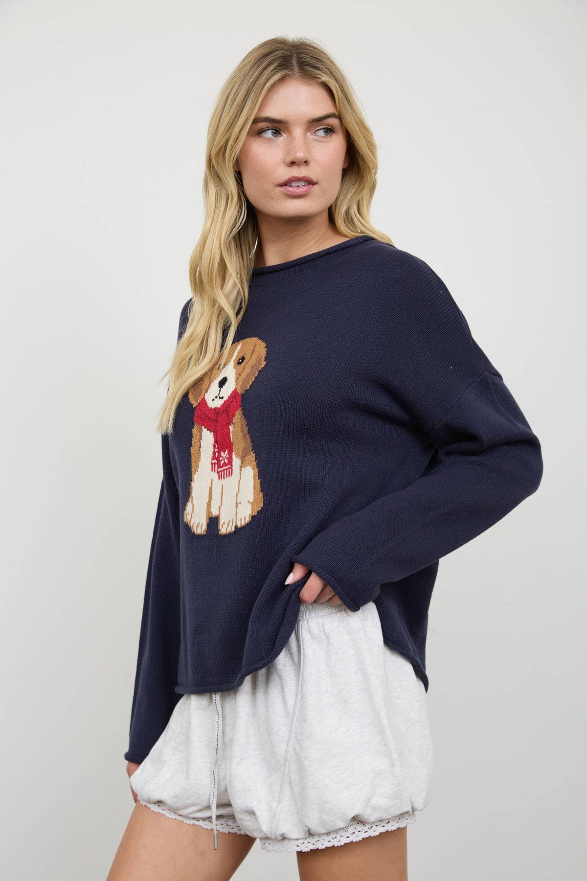 PUPPY MOTIF CREW NECK KNIT PULLOVER: CHOCOLATE BROWN