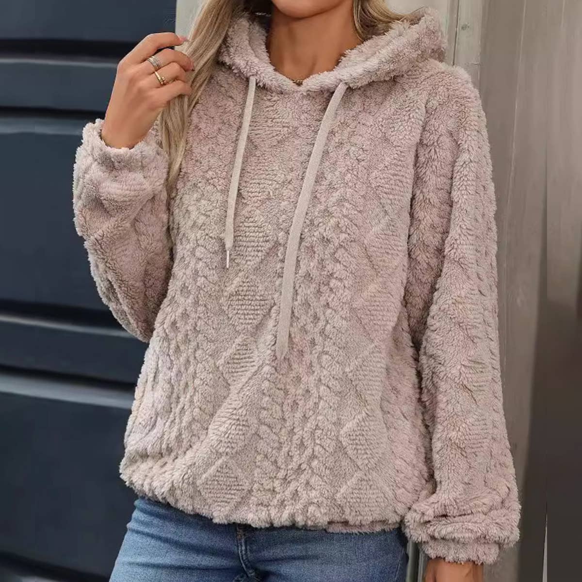 FLEECE JACQUARD FABRIC LONG-SLEEVED HOODED JUMPER: KHAKI / (L) 1